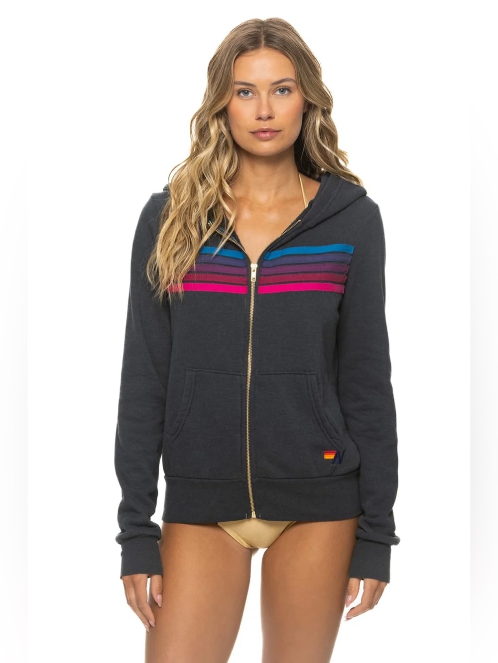 Aviator Nation 5 STRIPE HOODIE - BLACK HEATHER // PINK // PURPLE (WITH STRINGS!)